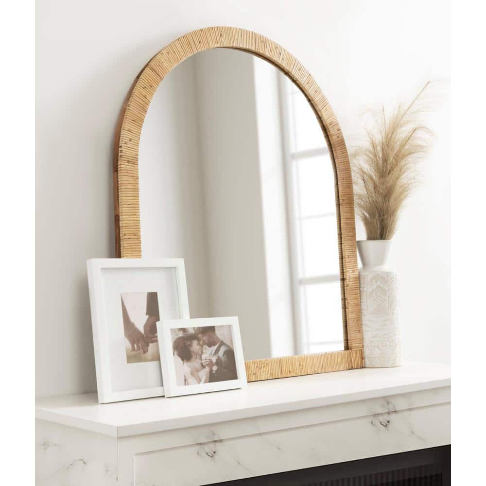 Natural Wood Boho Arch Rattan Wall Mirror, 28 x 32