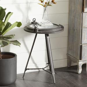 19 in. Black Compass Large Round Glass End Accent Table with Clock and Clear Glass Top