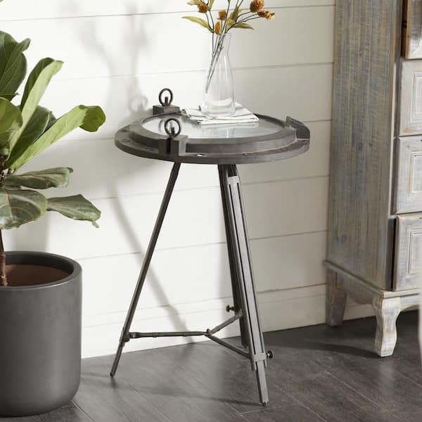 Litton Lane 19 in. Black Compass Large Round Glass End Accent Table with Clock and Clear Glass Top