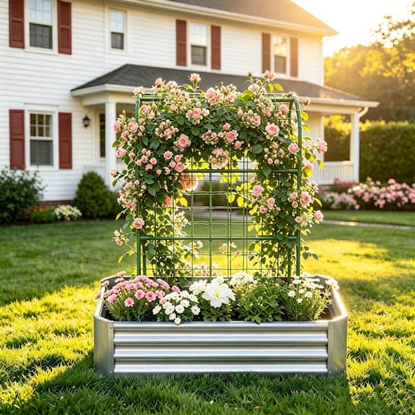 4 ft. x 2 ft. x 1 ft. Silver Outdoor Raised Garden Bed Galvanized Metal Planter Box with Trellis