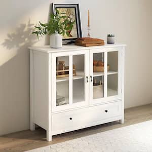White Buffet Storage Cabinet with Double Glass Doors and Unique Bell Handle