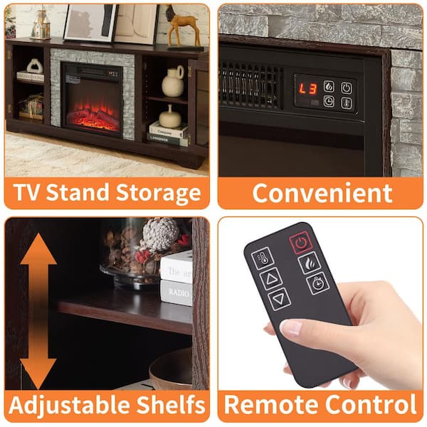 58 in. Freestanding Fireplace TV Stand with 18 in. Electric Fireplace Insert,Adjustable Heat (Up to 400 sq ft) in Cherry