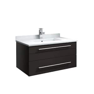Lucera 30 in. W Wall Hung Bath Vanity in Espresso with Quartz Stone Vanity Top in White with White Basin