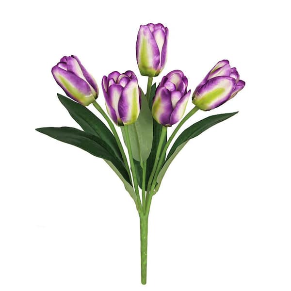 12 in. Purple Cream Artificial Tulip Flower Stem Bush Bouquet (Set-6)
