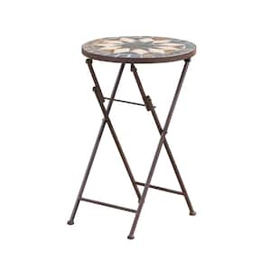 Silvester Outdoor Stone Side Table with Iron Frame, Beige/Black