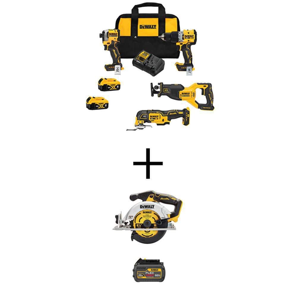 DEWALT 20V MAX Lithium-Ion Cordless Brushless 4 Tool Combo Kit, 6.5 in. Circular Saw, 6.0Ah Battery, and (2) 4Ah Batteries -  DCK4050M2W60665