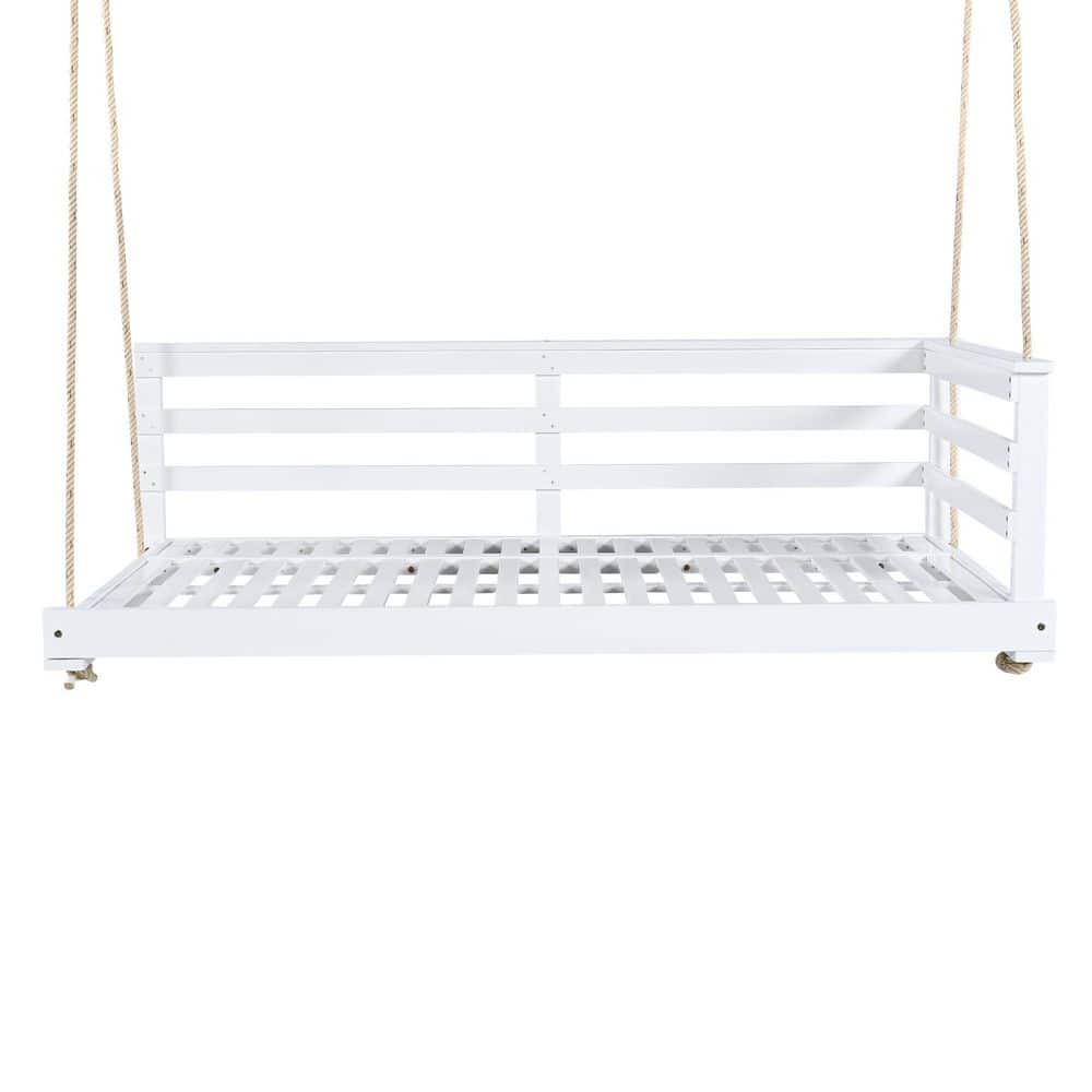 2-Person White Wood Porch Swing with 4-Piece 96 in. Hemp Ropes for Backyard
