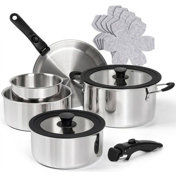 14 Piece Stainless Steel Nonstick Cookware Set with Detachable Handle Induction Oven Safe Stackable Silver