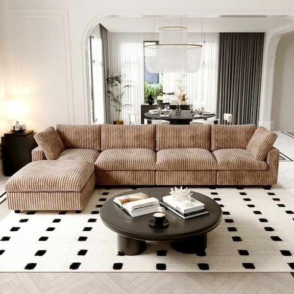 157 in. Square Arm Faux Rabbit Fur Velvet L-Shaped Modular Sofa Lawson Cloud Couch with Ottoman for Apartment in. Brown