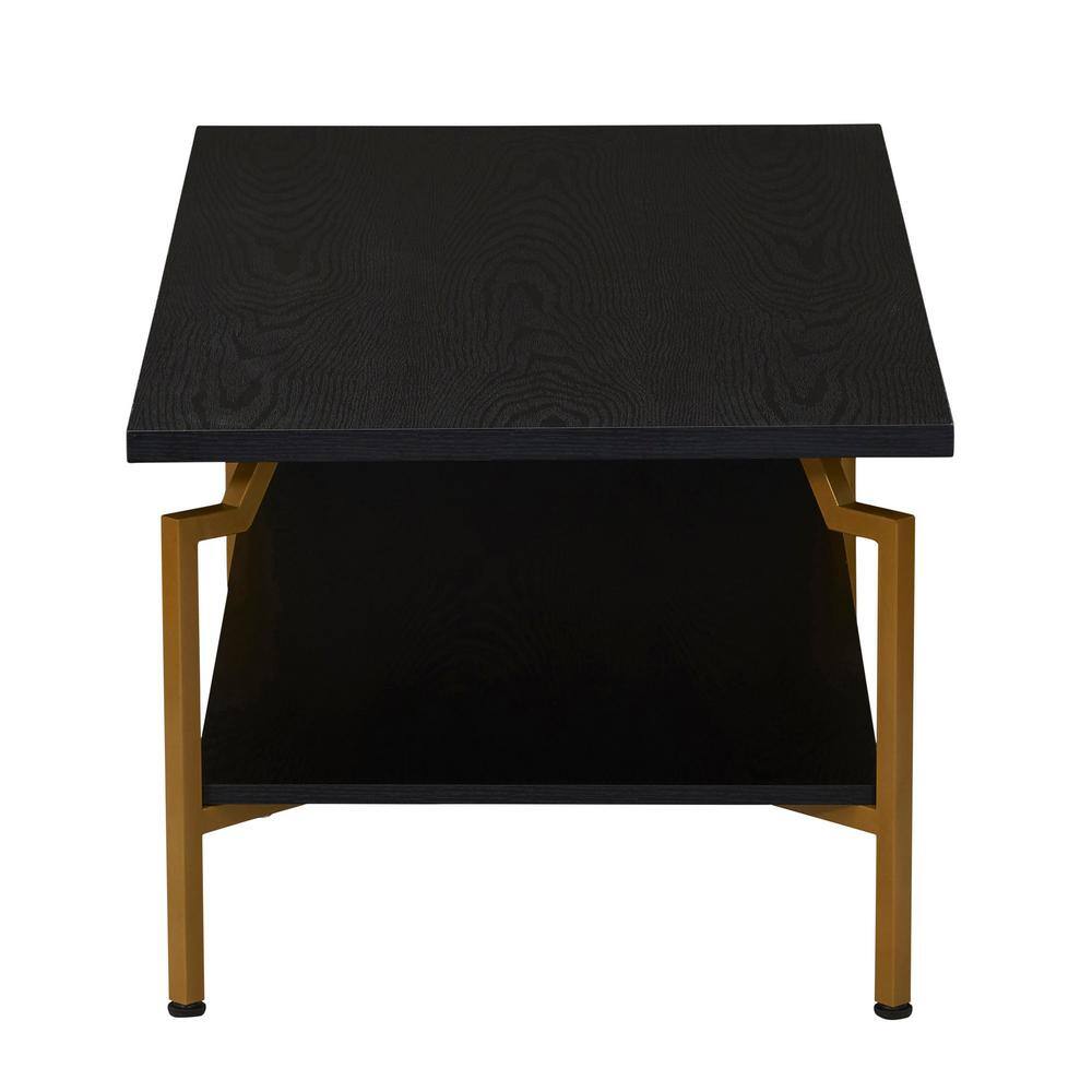 Black Oak and Gold Rectangular Coffee Table with Storage Shelf