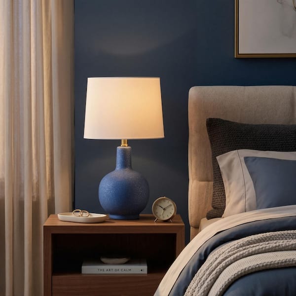 KAWOTI 18.5 in. Navy Coastal Ceramic Table Lamp with White Fabric