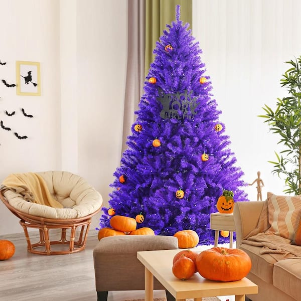 Gymax 7 ft. Pre-lit Purple Artificial Christmas Tree Halloween ...