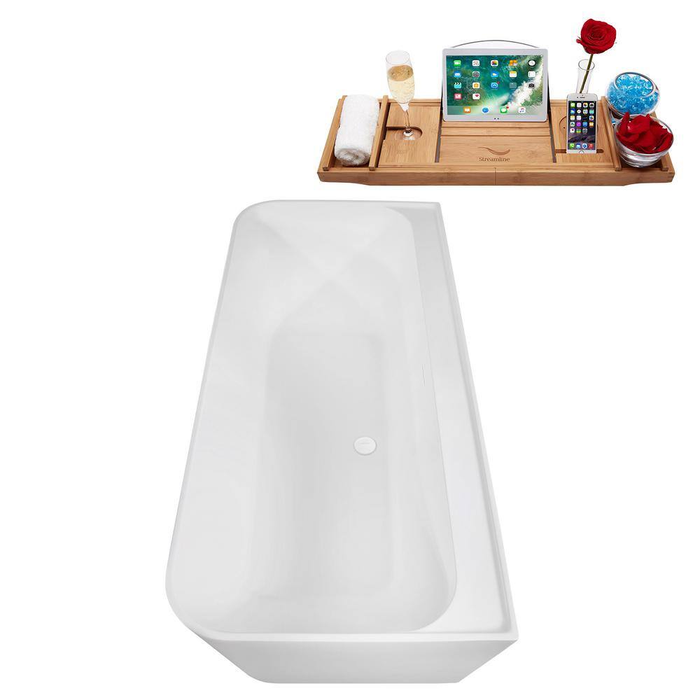 55" Glossy White Acrylic Freestanding Soaking Bathtub with Bamboo Tray
