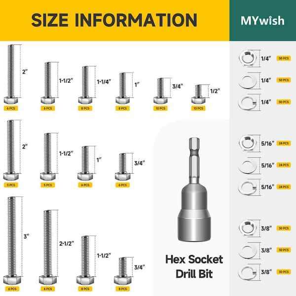 410-Piece Hex Head Nuts and Bolts Assortment Kit, 1/4-20 5/16-18 3/8-16 Bolts and Nuts Kit, Bright Finish