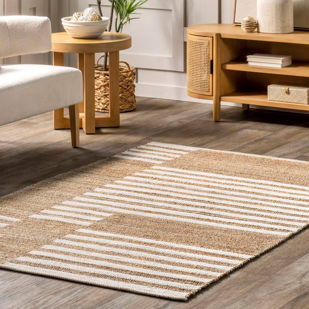 Natural Tan and White Striped Cotton Jute Rug, 4' x 6'