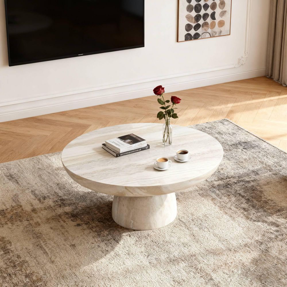 Jansor Modern 31.5 in Beige Round Mushroom Shape Stone Fiberglass Coffee Table