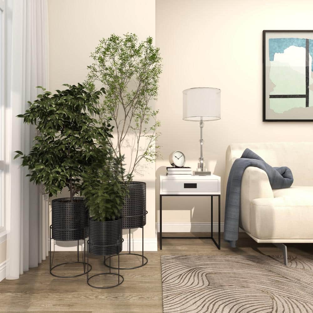 Set of 3 Black Metal Perforated Cylinder Floor Planters