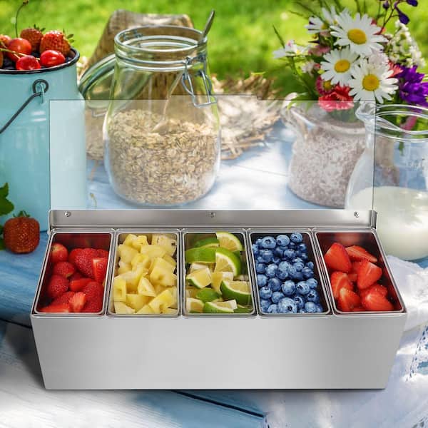 17 oz. Stainless Steel Chilled Condiment Tray with Lid, Ice Condiment Serving Containers with 5 Removable Compartments
