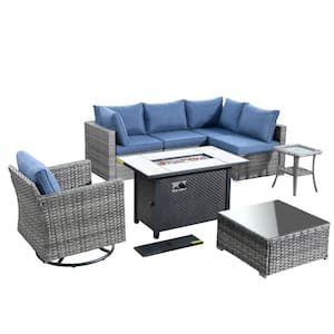 Messi Gray 8-Piece Wicker Outdoor Patio Conversation Sofa Fire Pit Set with a Swivel Chair and Denim Blue Cushions