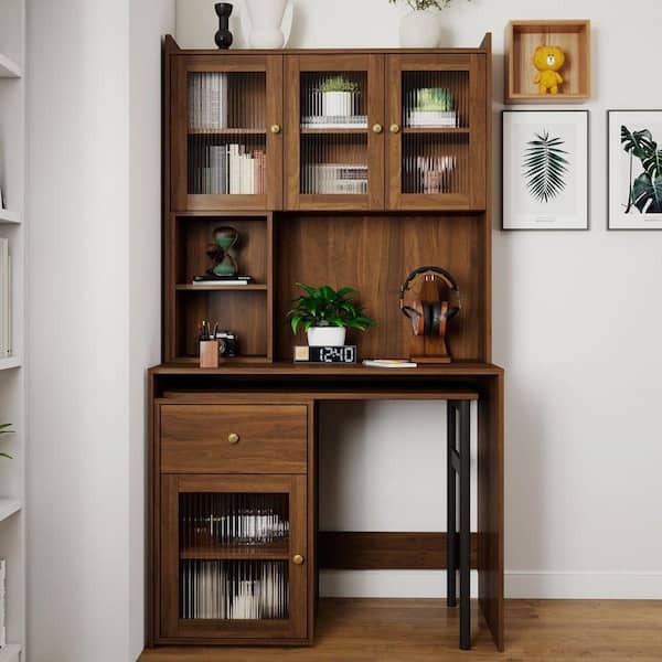 39 in. Walnut Wood 1-Drawer Computer Desk with 90 ° Rotating