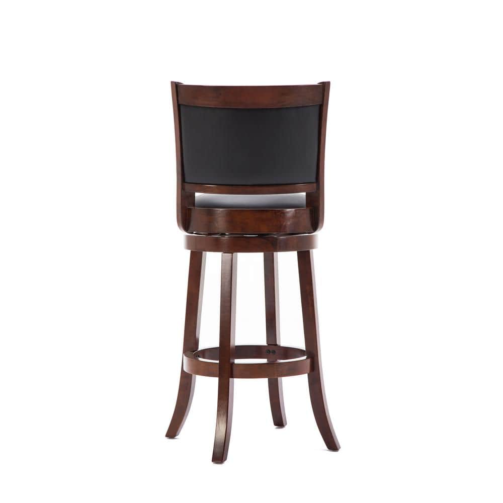 Elegant Cherry Wood and Black Leather 29" Swivel Barstool