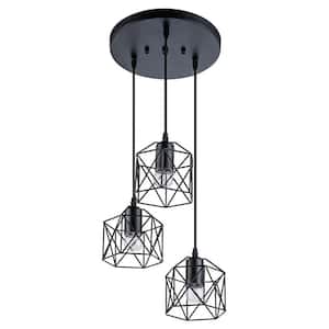 3-Light Modern Industrial Black Metal Cage Adjustable Height Pendant Light with Metal Shade