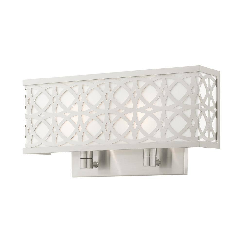 Brushed Nickel 2-Light Wall Sconce with Off-White Shade