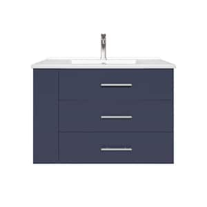 Rita 30.25 in. W Single Sink Wallmount Bath Vanity with White Ceramic Top Countertop in Marine Blue with Left Side Shelf