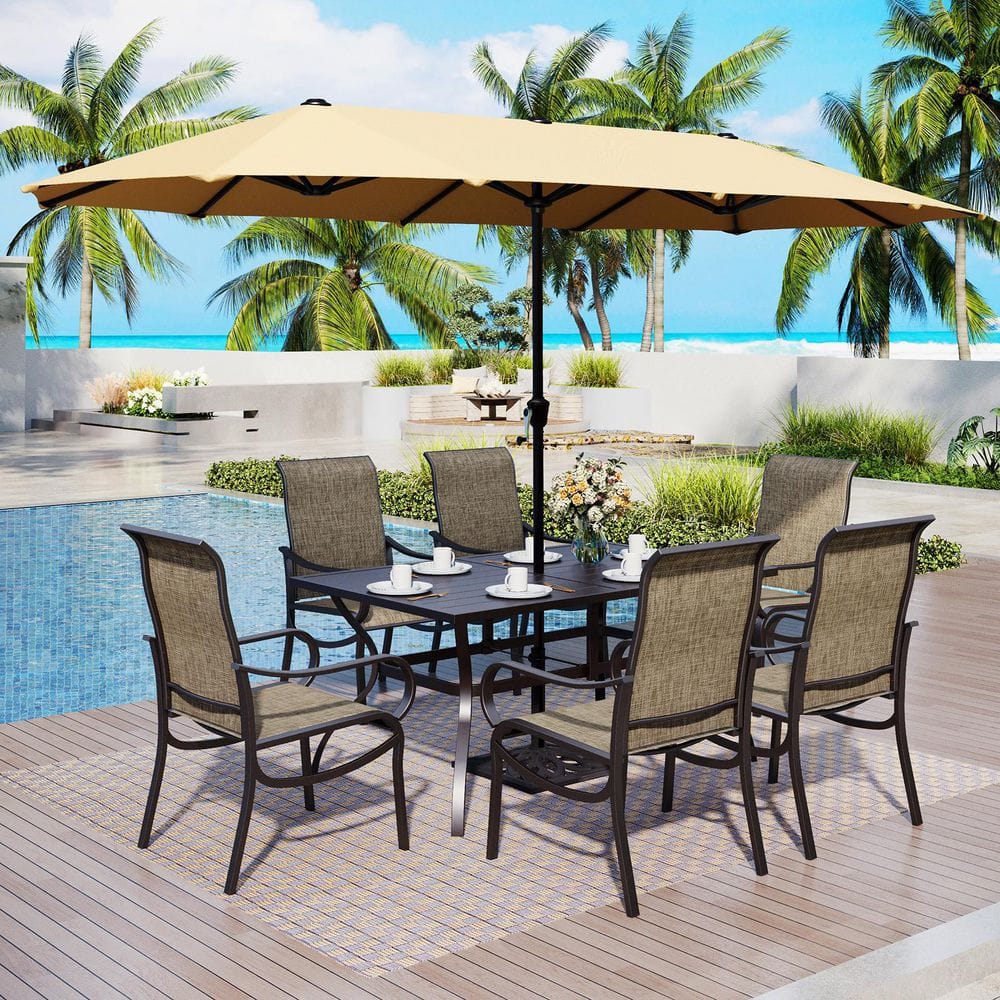 Black 8-Piece Metal Patio Outdoor Dining Set with Slat Rectangle Table, Textilene Chairs and Umbrella price history on PriceWatchPro
