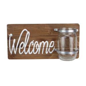 12 in. White and Brown Wooden Hanging Welcome Sign with Mason Jar