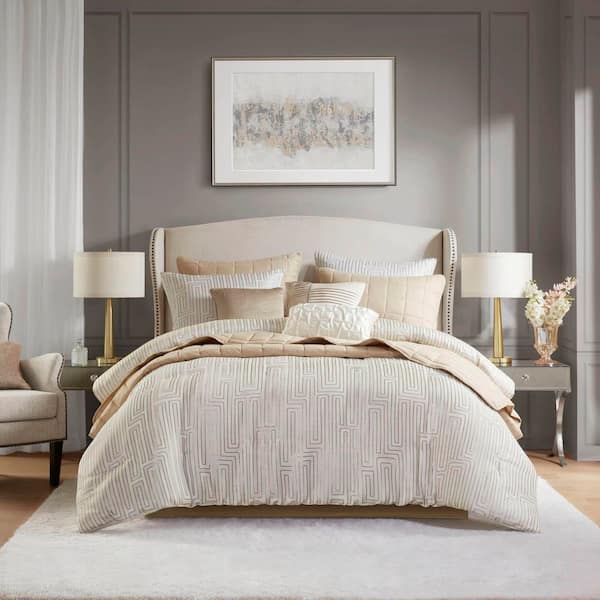 Hayden 10-Piece Ivory Geometric Polyester California King Luxury Jacquard Comforter Set