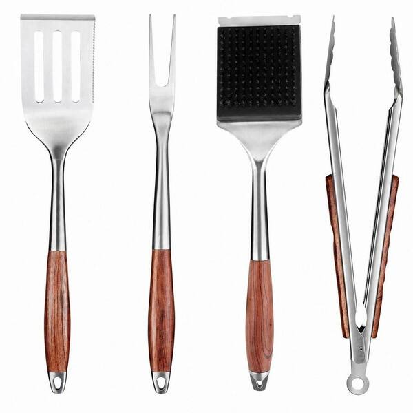 4-Piece Heavy-Duty Grilling Tools Set with Spatula, Fork, Brush and Tongs in Stainless Steel, Natural Rosewood Handle