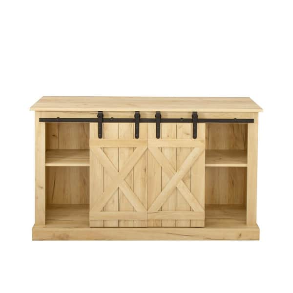 Angel Sar 53.90 in. Light Brown Farmhouse Sliding Barn Door TV Stand Fits TV's up to 65 Inch with Ranch Rustic Style