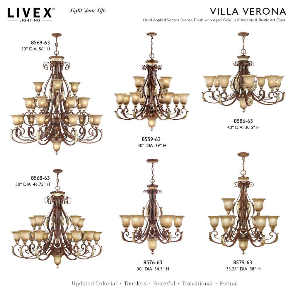 Villa Verona 13-Light Chandelier in Bronze with Rustic Art Glass