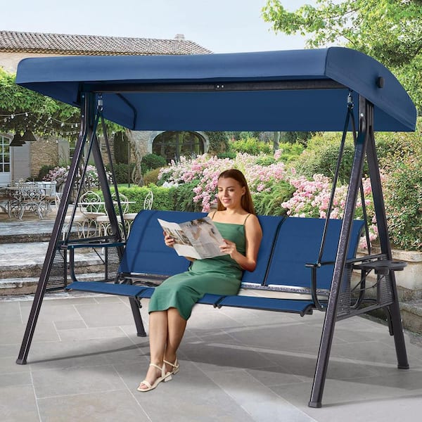 Zeus & Ruta 3 Seat Metal Patio Swing with Textilene Backrest, Outdoor Swing with 2 Cup Holders and Adjustable Canopy, Blue
