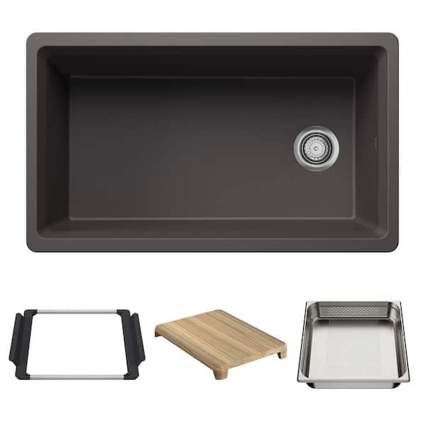 Inteos 33 in. Undermount Single Bowl Cinder Granite Composite Kitchen Sink With Colander and Cutting Board