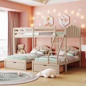 Beige Full Over Twin and Twin Velvet Bunk Bed with 3-Drawers