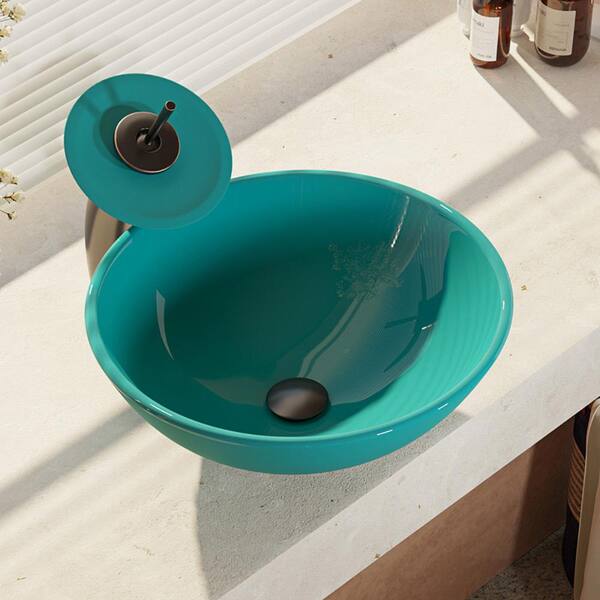 Rene Glass Vessel Sink in Cerulean with Waterfall Faucet and Pop-Up Drain in Antique Bronze