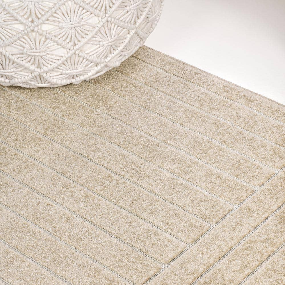 Beige and Cream 8' x 10' Striped Synthetic Area Rug
