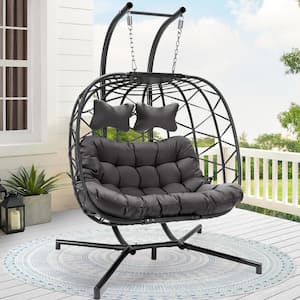 Large 2 Person 510 lbs. Gray Wicker Double Swing Egg Chair with Black Stand and Gray Cushions