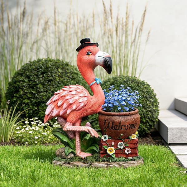 VAMOP Pink Resin Flamingo Garden Statue with Welcome Sign and Top