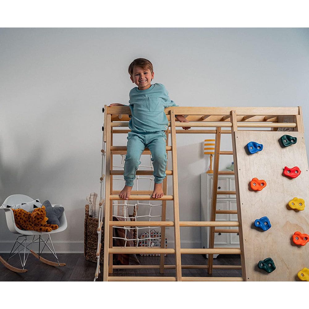 Large Natural Pine Indoor Playset with Slide, Swing, and Climbing Wall