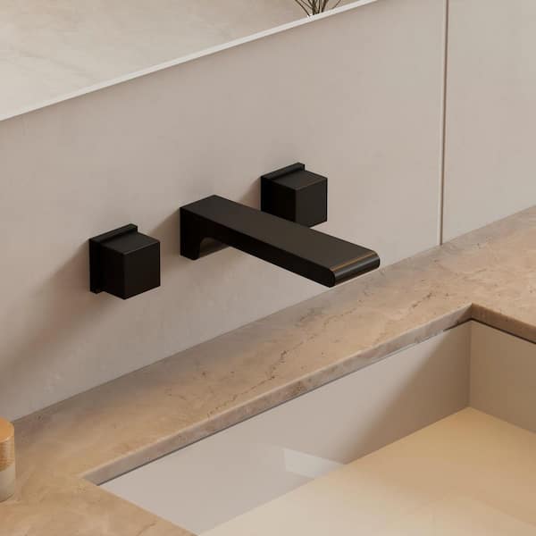 FARNE Double Handles Wall-Mount Bathroom Sink Faucet Trim with Pop-Up Drain in Matte Black