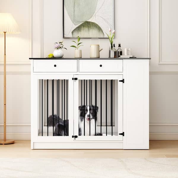 FUFU&GAGA Large Dog Crate Furniture with 3 Drawers and Dog Bowls, Wooden Heavy Duty Dog Cage Storage Decorative Dog Pens, White