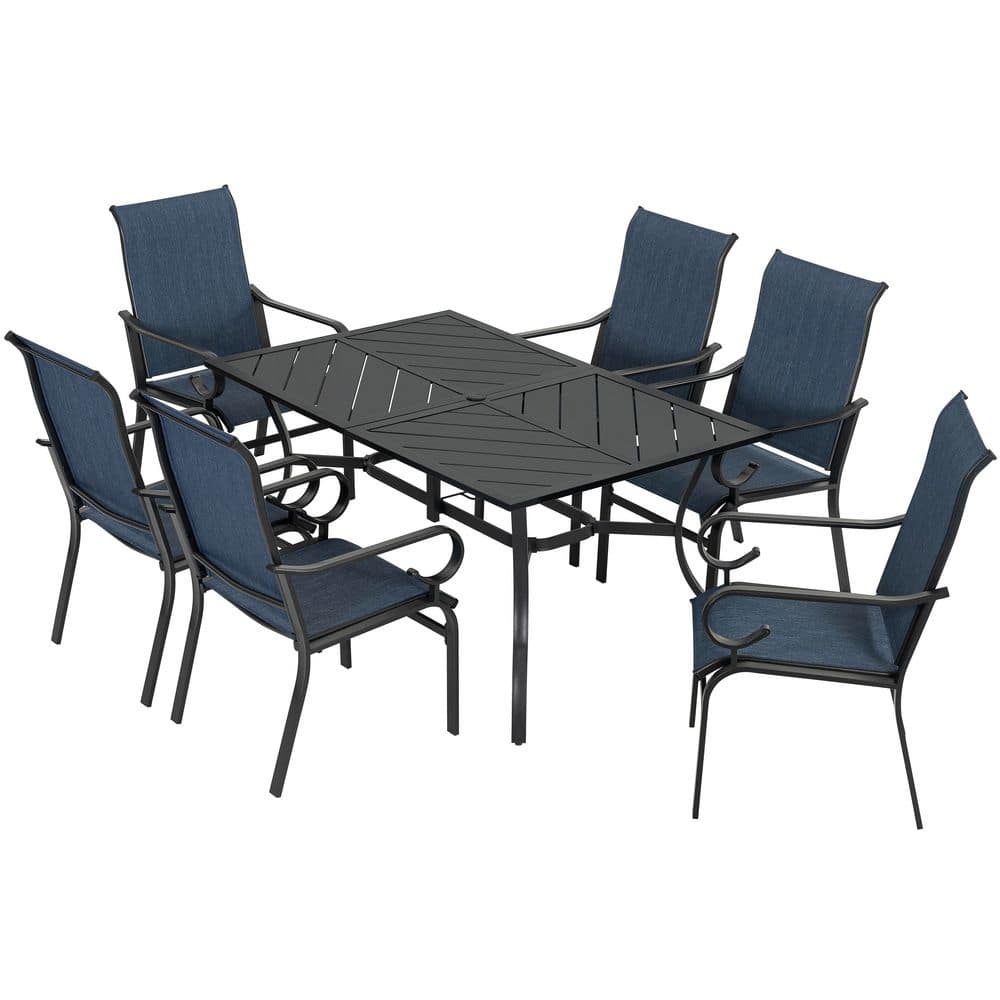 Black 7-Piece Textilene and Metal Rectangular Outdoor Dining Set, Breathable Textilene, Splicing Tabletop, Umbrella Hole price history on PriceWatchPro