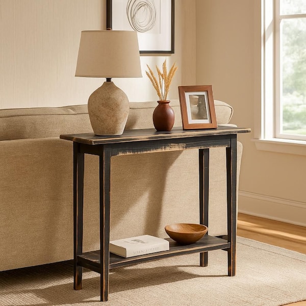 Duro 36 in. Antique Black Rectangle Reclaimed Wood Sofa Console Table with Open Shelf