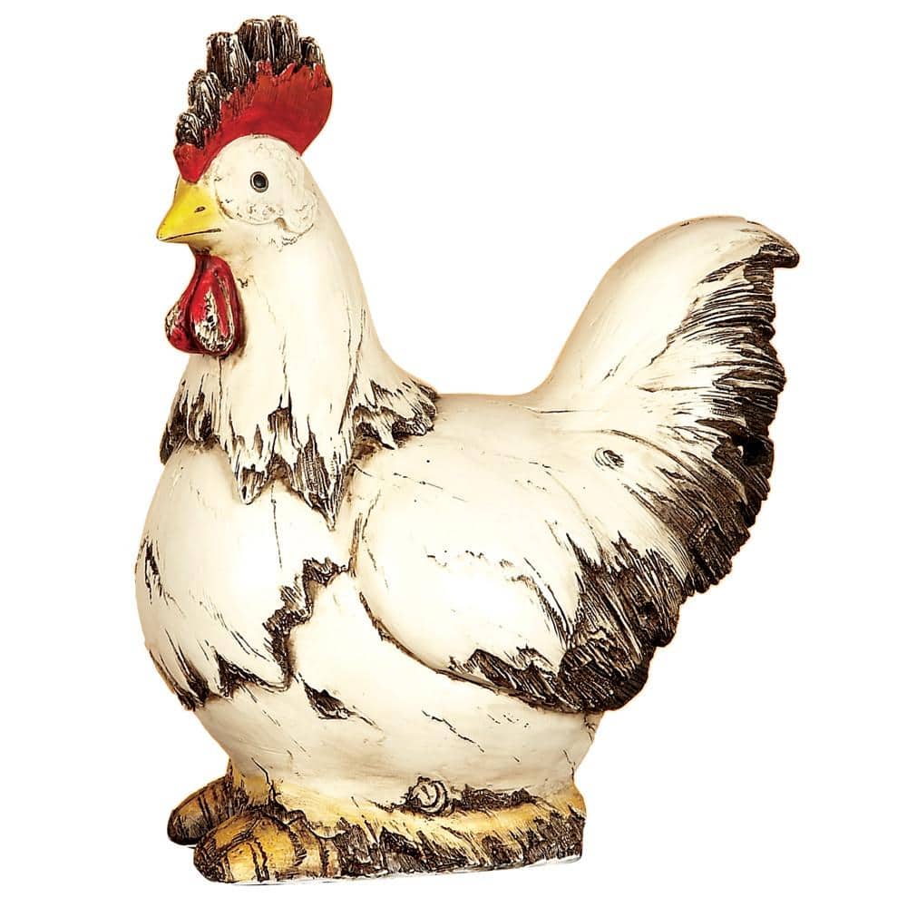12" Distressed White Polystone Rooster Garden Sculpture