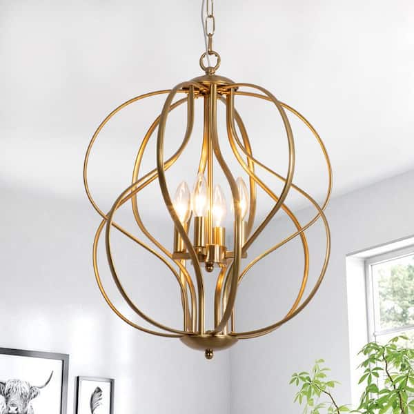 Frankfort 4-Light Brass Unique Geometric Cage Chandelier Wrought Iron Accents