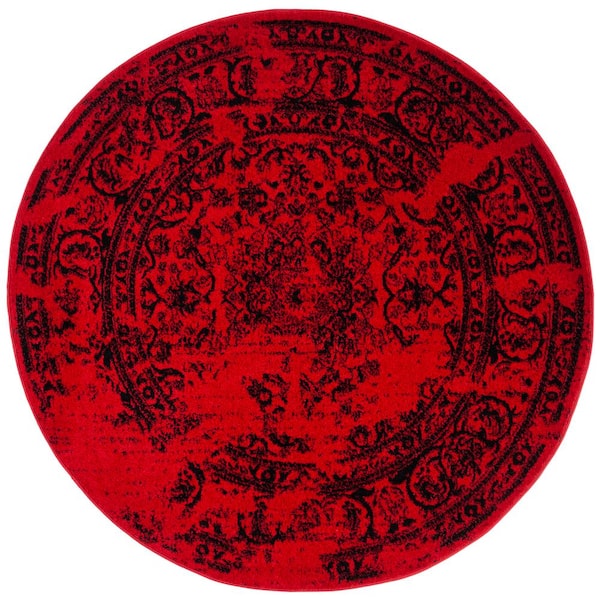 Adirondack Red/Black 4 ft. x 4 ft. Round Floral Border Area Rug