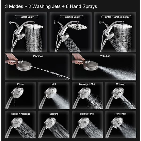 2-Piece High Pressure Rain Shower Head in Nickel with Fixed Showerhead and 10 Sprays Handheld Shower Head